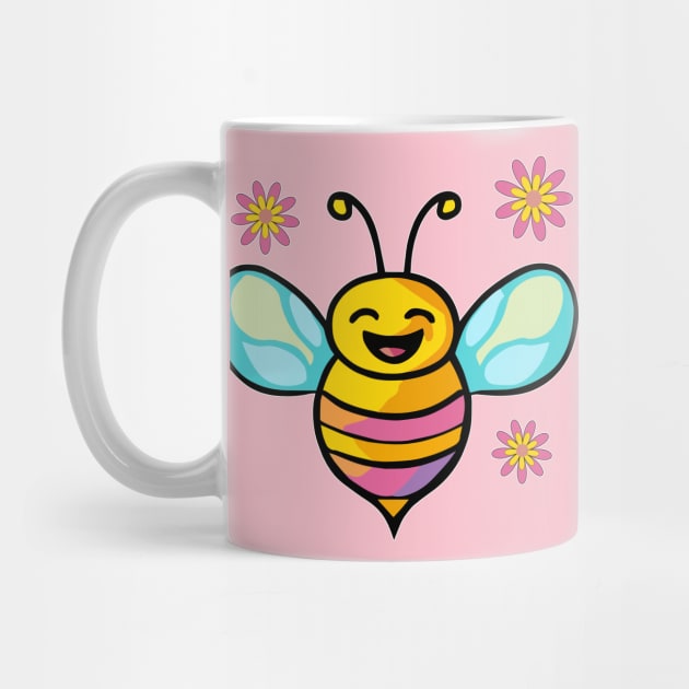 Happy smiling baby bee with flowers. Kawaii cartoon by SPJE Illustration Photography